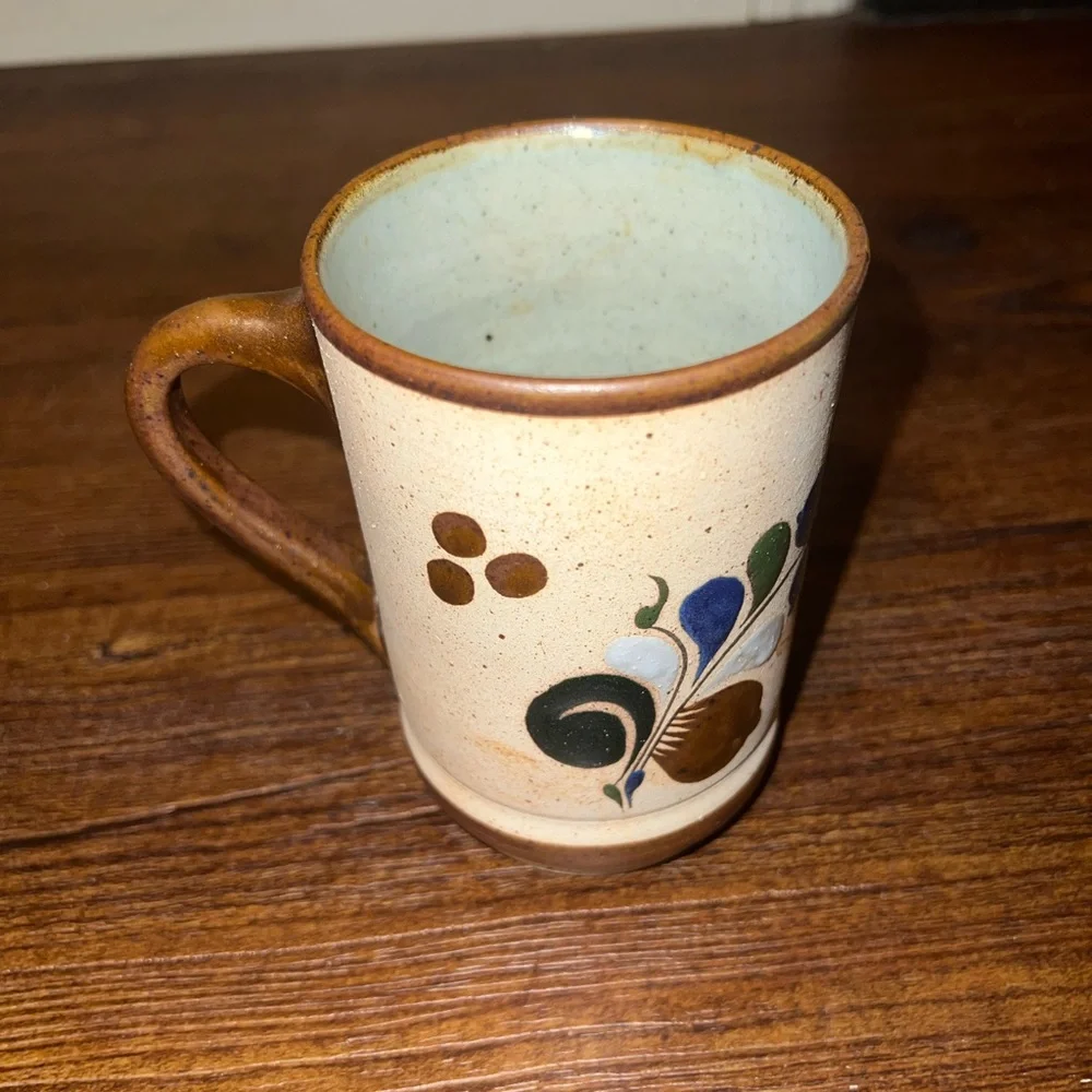 Vintage Tonala Mexican Pottery Folk Art Stoneware Rustic Tan Mug Floral Design - Picture 4 of 10